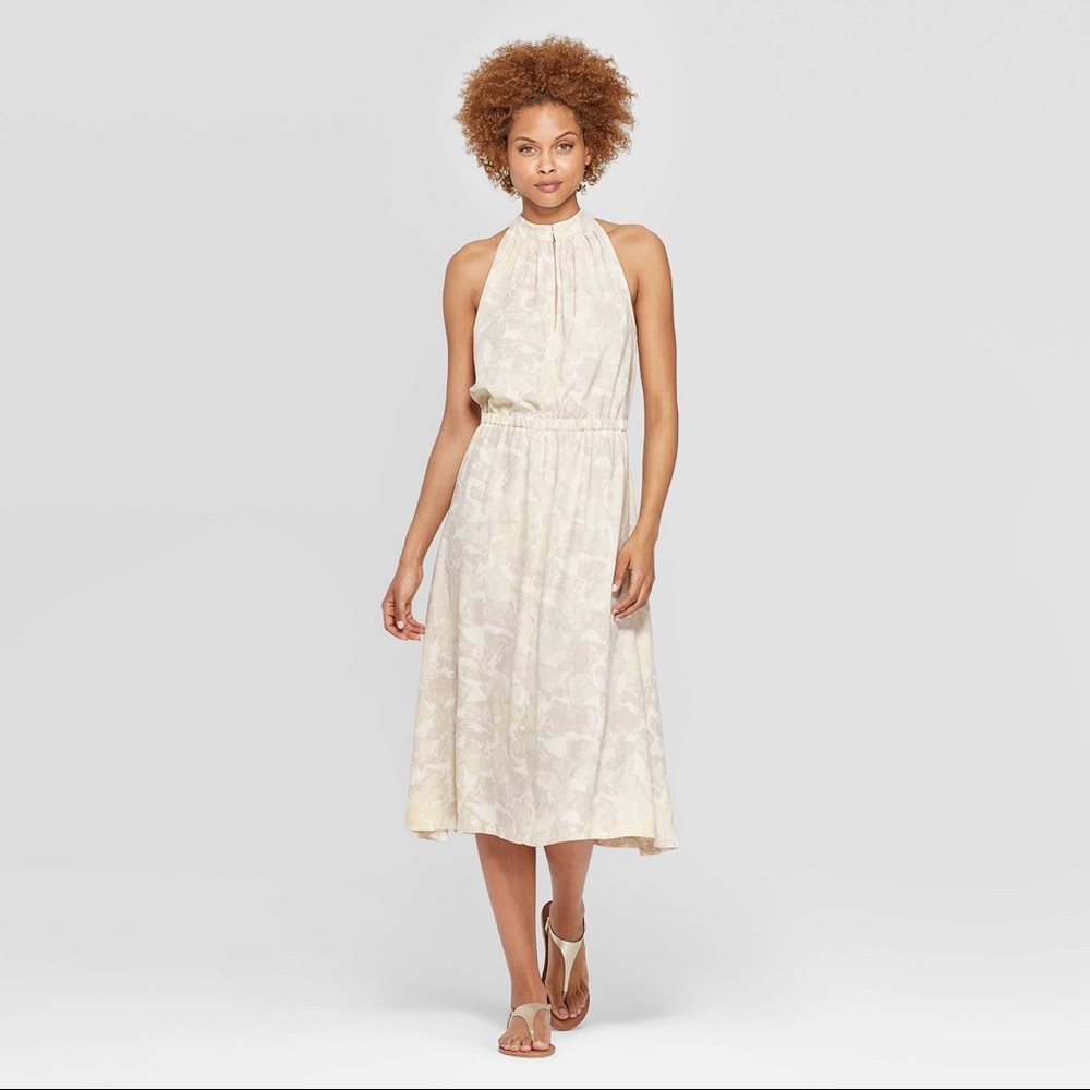Women Halter Neck Shirred Midi Dress Cream